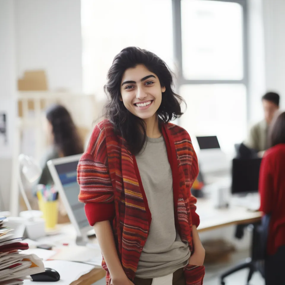 Mulher, portuguesa, feliz, no escritório